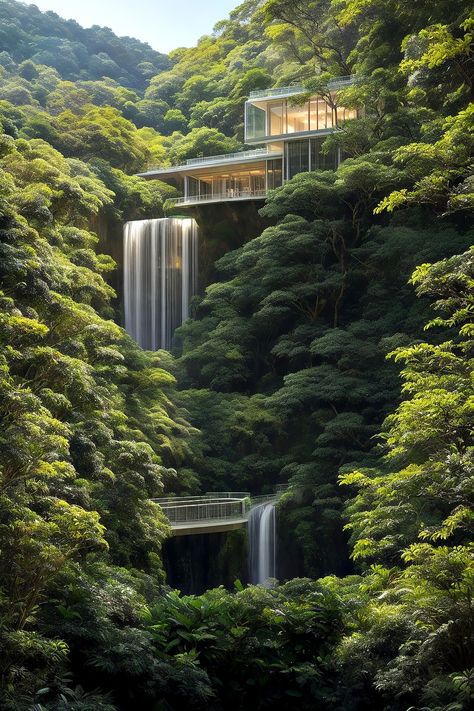 Hillside Cabin, Mediterranean Forest, Hillside Villas, Waterfall House, Tropical House Design, African House, Cliff House, Tropical House, Window View