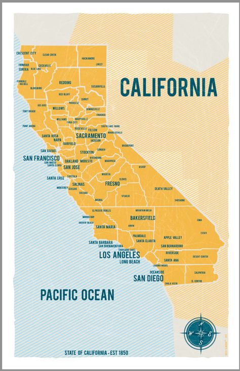 State of California Map Poster in Yellow Vintage by VassiSlavova Shrimp Bisque, Vintage Style Poster, State Of California, Michael Ealy, Grants Pass, San Ysidro, California Map, California Love, Diy Picture