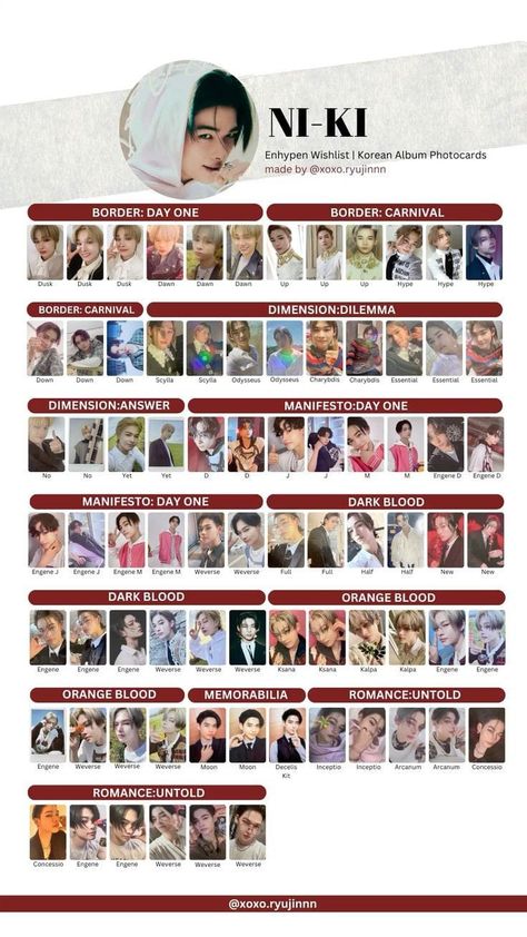 Niki Photocards Template, Enhypen Pc Template, Korean Name List, Enhypen Photocard Template, Wishlist Template, Photocard Template, Photo Card Template, Name List, Dark Blood