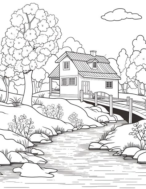 Drawing and Coloring Masterpieces Scenery Outline Drawing, Pictures To Color In, How To Draw Spring Season, Drawing About Nature, Landscape Scenery Drawing, Picture For Drawing, Draw Garden, Landscape Outline, Scenery Coloring Pages