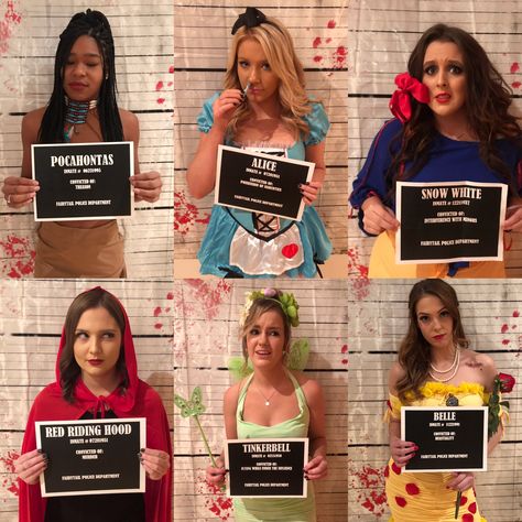 Incarcerated Disney Princesses Princess In Jail Halloween Costume, Disney Princess Crimes Halloween, Bad Disney Princess Costumes, Princesses Gone Bad Costume, Scary Disney Princesses Costume, Scary Princess Costume, Disney Princess Halloween Makeup, Princesses Halloween, Clown Cute