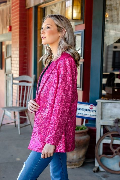 This eye catching blazer is sure to impress Pink Sequin Blazer, Animal Print Blazer, Hot Pink Blazers, Rodeo Outfits, Sequin Blazer, Pink Vibes, Plus Size Fits, Pink Blazer, Pink Sequin