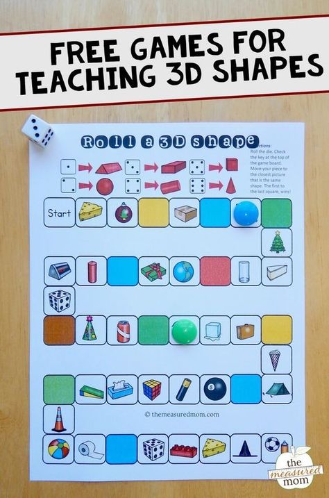 Free printable games for teaching about 3D shapes 3d Shapes Kindergarten, Shape Activities Kindergarten, 3d Shapes Activities, 3d Shapes Worksheets, Shapes Lessons, The Measured Mom, Shapes Worksheet Kindergarten, Measured Mom, Shapes Kindergarten