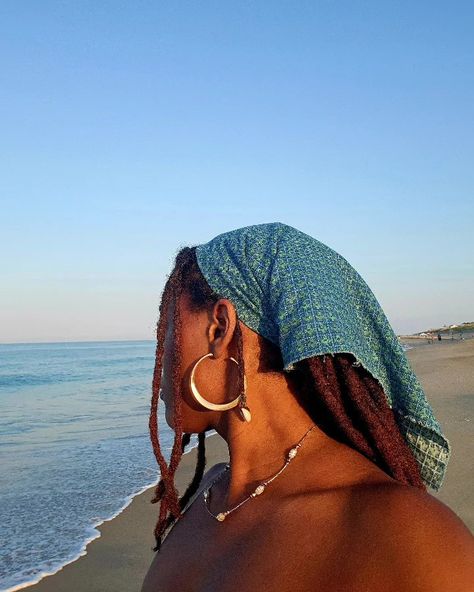 Locs At The Beach, Bandana Hairstyles With Locs, Bandana With Locs, Locs Bandana, Beach Locs, Dreads Black Women, Locs Inspiration, Blue Dreads, 16 Aesthetic