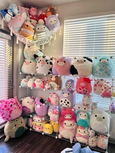 Huge Squishmallows Collection, How To Store Squishmallows In Bedroom, How To Organize Squishmallows, Organize Squishmallows, Squishmallow Setup Ideas, Squishmallow Set Up, Ways To Store Squishmallows, Custom Squishmallow Ideas, Squishmellow Display