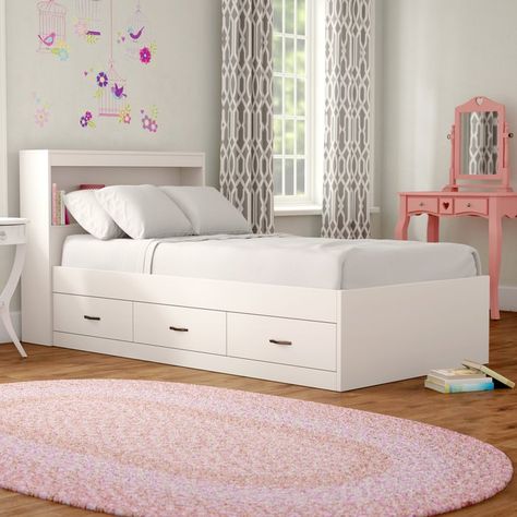 Viv + Rae Keira Platform Bed with Drawers and Bookcase & Reviews | Wayfair Kids Beds With Storage, Platform Bed With Drawers, Bookcase White, Bunk Beds With Drawers, White Bed Frame, Bunk Beds With Stairs, Twin Loft Bed, Platform Bed With Storage, Farmhouse Bedding