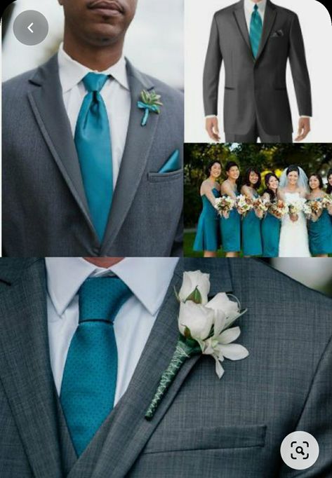 Wedding Suits Men Turquoise, Teal Wedding Mens Attire, Teal And Grey Wedding Cake, Grey And Teal Wedding Theme, Gray And Teal Wedding Colors, Dark Teal And Gray Wedding, Teal And Gray Wedding Ideas, Dark Teal And Grey Wedding, Teal Bridesmaid Dresses With Groomsmen