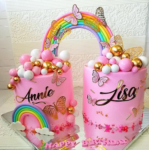 Girls twin cakes Twin Birthday Cakes Daughters, Twin Boy And Girl Birthday Cake, Birthday Cake Ideas For Twins, Cake For Twins Girls Birthday, Birthday Cake For Twins, Twin Cakes, Twins Cake, Girl Cakes, Twins