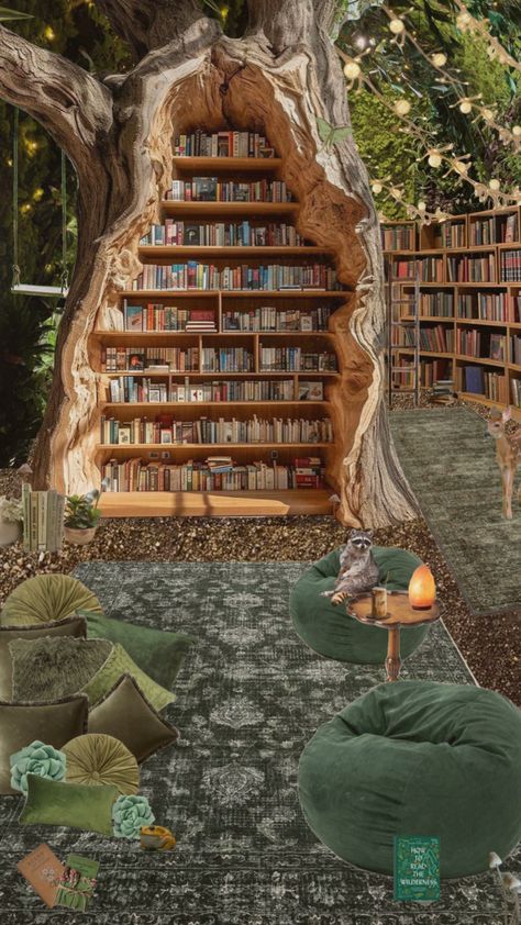 I could stay here for hours #forest #library #woodland #forestcore #forestaesthetic #woods #nature #books #forestcreatures #animals #raccoon #beanbag #green #doe #deer #frog #toad #trees #lights #f4f Forest Library, Doe Deer, Trees Lights, Nature Books, Forest Core, Forest Creatures, Toad, Deer, Trees