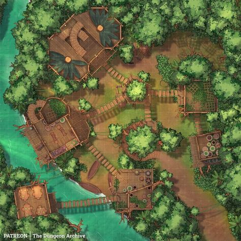 Jungle Tree Houses [30x30] |  The Dungeon Archive auf Patreon Jungle Village, Dnd Backgrounds, Village Map, Jungle Tree, Dnd World Map, Building Map, Jungle House, Fantasy World Map, Tabletop Rpg Maps