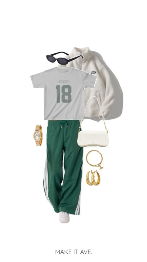 Michigan State Tailgate, Green And White Outfit, St Pattys Outfit, New Orleans Outfit, College Tailgate Outfit, Celtics Game, Fall Tailgating, Tailgate Outfits, College Tailgating