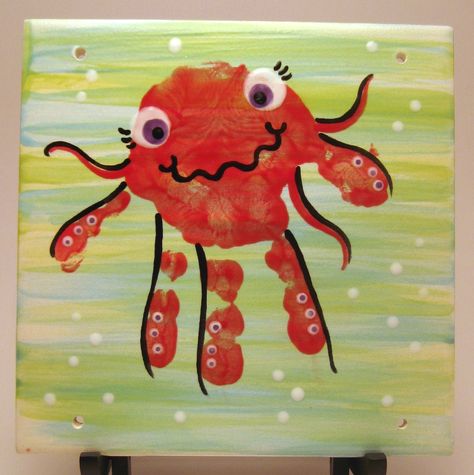 My neices handprint turned into an octopus, painted on a ceramic tile. Footprint Octopus, Octopus Craft, Hand Print Art, Footprint Crafts, Baby Art Projects, Footprint Art, Ocean Crafts, Handprint Crafts, Daycare Crafts