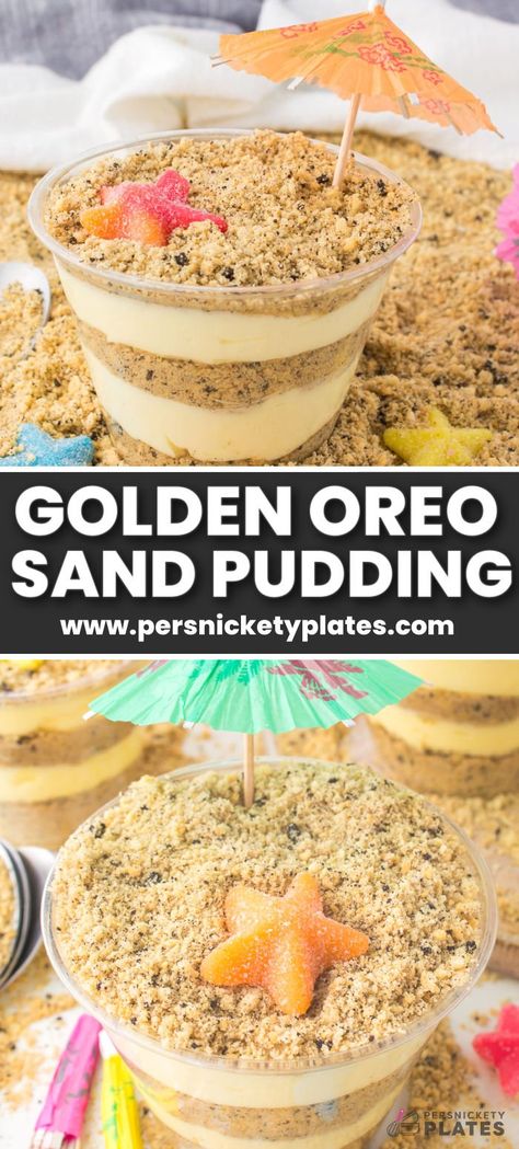 Sand Pudding, Oreo Desserts, Dessert Mousse, Pudding Parfait, Golden Oreo, Pudding Dessert, Aloha Party, Luau Birthday Party, Moana Birthday Party