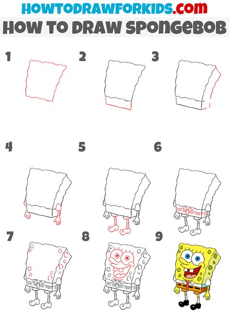 how to draw spongebob step by step Spongebob Painting Tutorial, How To Draw A Spongebob, How To Draw Spongebob Characters Step By Step, Spongebob Drawings Step By Step, Cartoon Art Drawing Easy Step By Step, Spongebob Doodle Art, Cartoon Art Spongebob, Spongebob Nail Art Step By Step, How To Draw Spongebob Characters