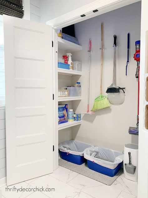 Closet Litter Box Ideas, Cat Litter Closet, Mud Room Makeover, Wall Drying Rack, Mudroom Closet, Mudroom Laundry, Utility Closet, Thrifty Diy, Thrifty Decor Chick