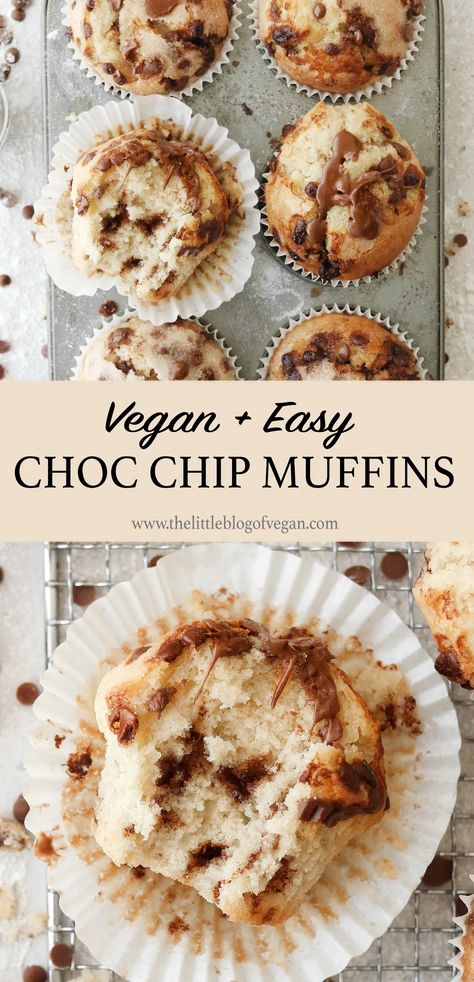 Bakery Style Vegan Chocolate Chip Muffins - The Little Blog Of Vegan Bakery Style Chocolate Chip Muffins, Vegan Chocolate Chip Muffins, Vegan Chocolate Muffins, Vegan Breakfast Recipes Easy, Choc Chip Muffins, Healthier Baking, Grain Free Vegan, Baking Vegan, High Protein Breakfast Recipes