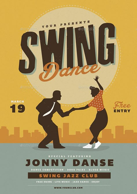 Retro Swing Dance Party Flyer Preview - GraphicRiver Dance Event Poster, Dance Poster Design, Vintage Advertising Art, Dance Themes, Musical Theme, Jazz Poster, Jitterbug, Dance Event, Dance Poster