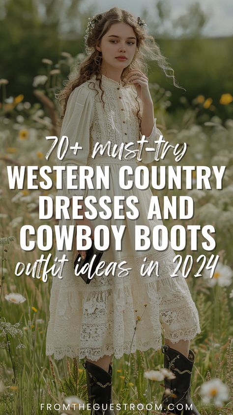 a woman wears cowboy boots and western country dress Cowboy Boots For Wedding For Women, Boho Dresses With Cowboy Boots, Dresses With Cowboy Boots Fall, Western Dresses With Boots, Long Dress With Cowboy Boots, Cowboy Boots Dress Outfit, Cowboy Boots With Dress, Western Wedding Guest Outfit, Western Wedding Guest