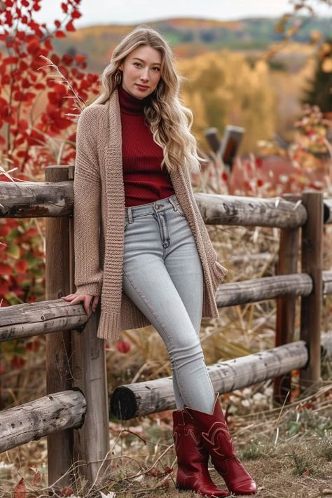 35+ Cowboy Boots and Cardigans Outfit Ideas: Fashionable Looks You’ll Love - From The Guest Room Maroon Cowboy Boots Outfit, Winter Country Outfits, Cardigans Outfit, Red Boots Outfit, Red Cowboy Boots Outfit, Cowboy Boots Outfit, Red Cowboy Boots, Country Gal, Outfit For Fall