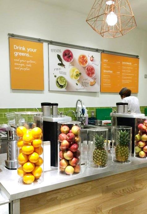 Sleek design fits in modern juice bars Fresh Juice Bar, Juice Bar Interior, Juice Bar Menu, Juice Cafe, Juice Bar Design, Juice Store, Juice Bars, Smoothie Shop, Beverage Station