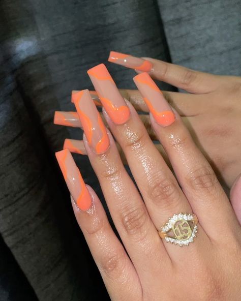 Nails Y2k, Orange Nail, Gel Paint, Drip Nails, Long Acrylic Nails Coffin, Long Square Acrylic Nails, Pastel Nails, Orange Nails, Square Acrylic Nails