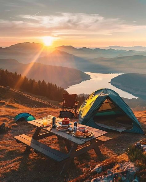 Camping Sunset, Tent Photography, Romantic Camping, Small Beach Houses, Cozy Camping, Sunset Mountains, Camping Inspiration, Rv Adventure, Fall Camping