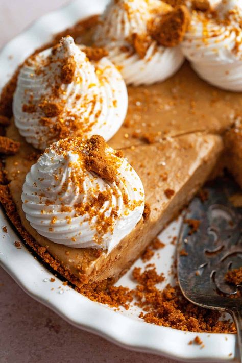 close up slice of gingerbread pie with christmas sprinkles nad whipped cream in pie plate Gingerbread Pie, Cookie Crumb Crust, Cream Pie Filling, No Bake Cheesecake Filling, Gingerbread Cheesecake, Speculoos Cookie Butter, Crumb Crust, Christmas Pie, Biscoff Cookie Butter