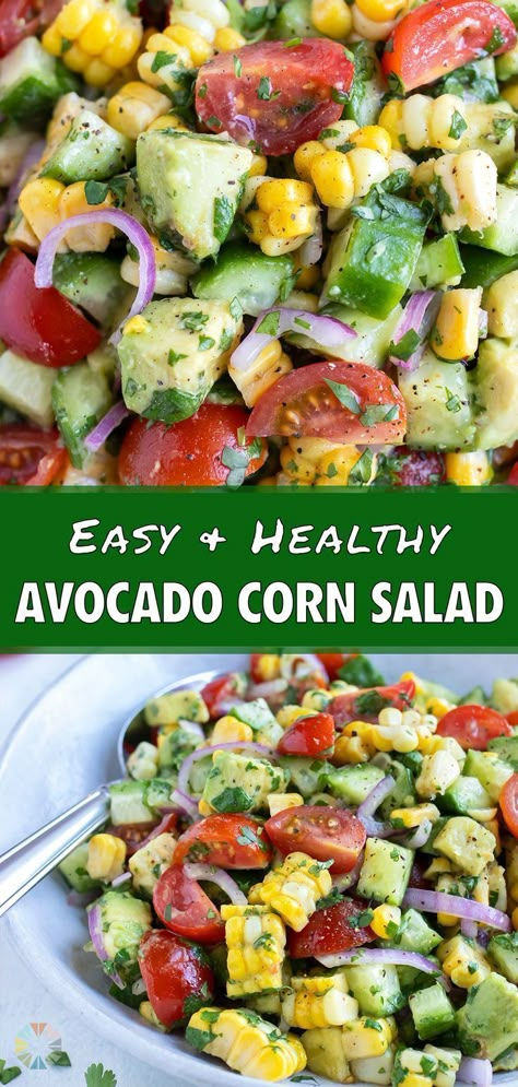 This avocado corn salad is a healthy and easy side dish perfect for your picnics and BBQs. This salad dish is made with fresh corn, chunks of avocado, cherry tomatoes, cucumbers, cilantro and lime juice for a light and refreshing taste. This salad comes together quickly for a gluten-free, vegan, and low-carb side. Grab your ingredients and add this salad to your menu today! Corn Summer Salad, Avocado Corn Salad, Healthy Picnic Foods, Picnic Side Dishes, Corn Salad Recipe, Corn Avocado Salad, Avocado Salad Recipes, Side Dishes For Bbq, Salad Dishes