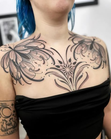 Flower Chest Tattoos For Women, Art Deco Chest Tattoo, Ornamental Chest Tattoo Female, Symmetrical Chest Tattoo, Flower Chest Tattoo, Chest Tattoo Flowers, Montreal Tattoo, Tattoos 2022, Mandala Flower Tattoos