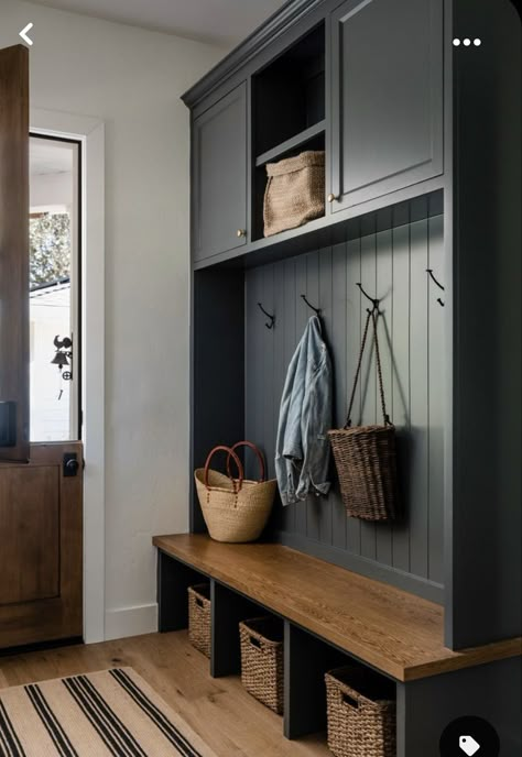 Mudroom Wood Floor, Wood Floor Mudroom, Mudroom Bench Paint Colors, Blue Grey Entryway, Craftsman Mudroom, Blue Mudroom Cabinets, Mudroom Blue, Oak Mudroom, Blue Mudroom