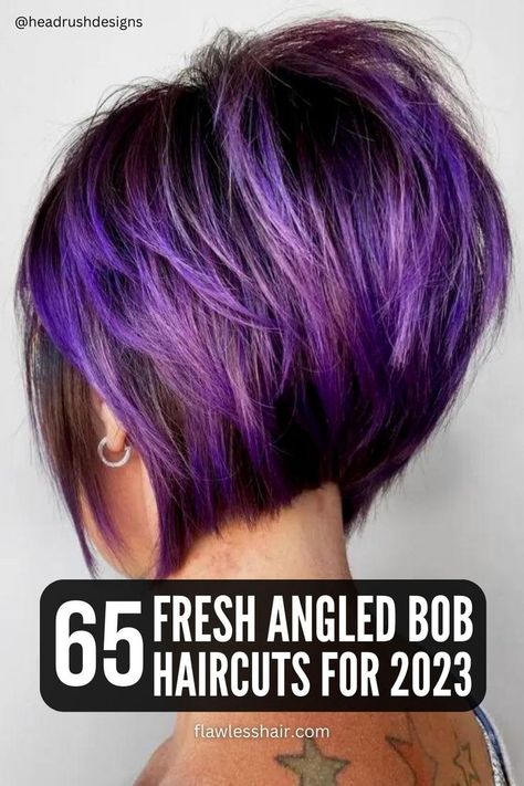 A-line, stacked, blunt, inverted—which angled bob is right for you? Here are 65 trendy angled bob haircuts to give you ideas and inspire you. Purple Hair Bob Short, Purple Highlights Brown Hair Short Pixie, Super Stacked Bob Haircut, Asymmetrical Bob Back View, Purple Bob Hair, Short Aline Bob, Sassy Bob Haircut, Medium Stacked Haircuts, Feathered Bob Hairstyles