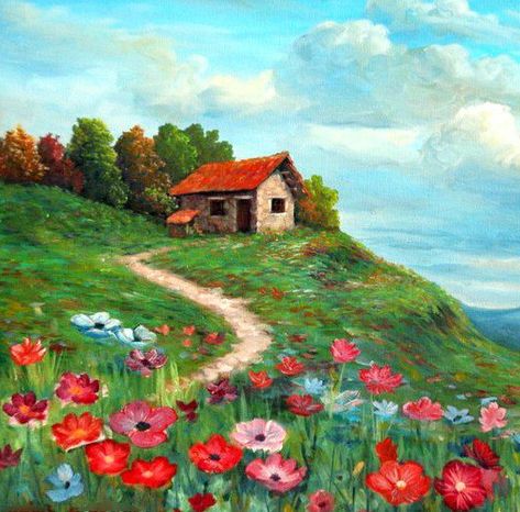 Simple Garden Painting, Easy Landscapes, Cottage Painting Easy, Garden Scenery Painting, House In Nature Painting, Spring Landscape Drawing, Cabin Painting, Painting Landscapes, Country Side