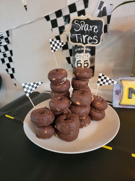 Spare tires car themed party Race Car Gender Reveal, Classic Car Baby Shower Theme, Monster Truck Baby Shower Theme, Cars Theme Baby Shower Boys, Hot Wheels Baby Shower Theme, Race Car Theme Baby Shower Ideas, Nascar Baby Shower Ideas, Racecar Baby Shower Theme, Gender Reveal Car Theme