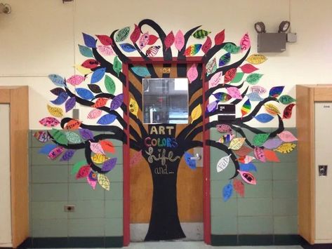 Classroom door decoration ideas – Teaching through the Arts Classroom Door Ideas, Classroom Tree, School Door Decorations, School Doors, Door Displays, Door Decorations Classroom, New Classroom, Class Decoration, Collaborative Art