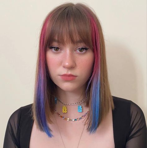 Two Strands Dyed Hair, Colourful Streaks Hair, Rainbow Front Pieces Of Hair, Hair Dye Ideas For Bangs, Random Dyed Hair Strands, How To Dye Streaks In Your Hair, Strand Of Hair Dyed, Streak Hair Dye, Dyed Side Bangs