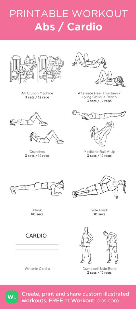 Abs / Cardio: my visual workout created at WorkoutLabs.com • Click through to customize and download as a FREE PDF! #customworkout Workouts Routine, Six Pack Abs Diet, Core Workout Videos, Abs Cardio, Killer Ab Workouts, 6 Pack Abs Workout, Printable Workout, Ab Day, Effective Ab Workouts