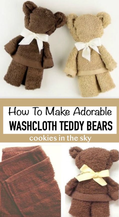 Teddy Bear Video, Washcloth Teddy Bear, Bear Video, Washcloth Animals, Washcloth Crafts, Baby Shower Garcon, Diy Teddy Bear, Teddy Bear Cookies, Bear Baby Shower Theme