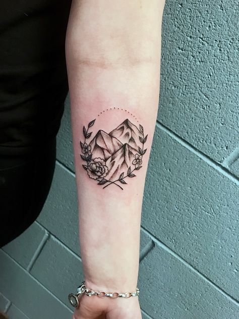 Butterfly With Mountains Tattoo, Mountains With Flowers Tattoo, Alberta Tattoo Ideas, Alberta Mountain Tattoo, Cross Mountain Tattoo, Colorado Tattoo Ideas Rocky Mountains, Colorado Inspired Tattoos, Alberta Tattoo, Mountain And Flower Tattoo