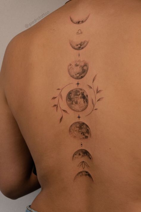 Moon Tattoos On Back For Women, Moon Phase Down Spine Tattoo, Back Moon Phases Tattoo, Moon Spine Tattoo Designs, Moon Tattoo Inspiration, Spine Tattoos Moon And Stars, Moon Cycle Back Tattoo, Back Tattoo Moon Phases, Spine Tattoos For Women Moon Phases