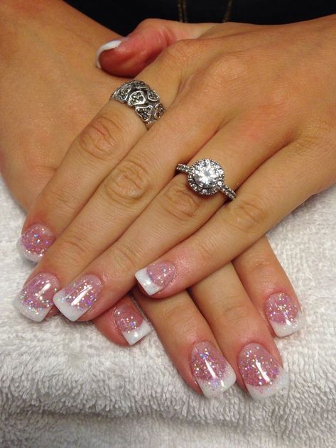 Pink And White Acrylic Nails With Glitter, Glitter Pink And White Nails, Valentines Day Nails Acrylic Square, Glittery French Tip Nails, French Manicure With Glitter, White Tip Acrylic Nails, White Tip Nails, Glitter Nails Acrylic, French Tip Nail Designs