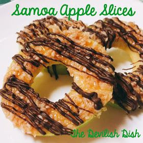 The Devilish Dish: Samoa Apple Slices {Gluten-Free} Samoa Apple Slices, Apple Samoas Slices, Apple Slices Snack, Apple Samoas, Candy Apple Slices, Chocolate Apple Slices, Grape Appetizers, Fruits Recipes, Apple Slice Recipe