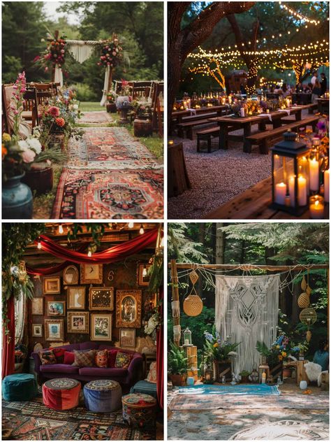 Bohemian Wedding Theme Ideas for Free Spirits Classy Boho Wedding Decor, Esoteric Wedding, Funky Wedding Decor, Romani Wedding, 70s Wedding Aesthetic, Thrifted Wedding Decor, Boho Wedding Aesthetic, Vintage Eclectic Wedding, Hippy Wedding