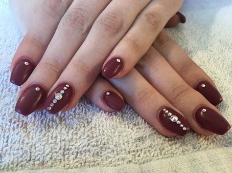 Burgundy coffin shaped nails with Swarovski crystals Burgundy Nail Designs With Rhinestones, Coffin Shaped Nails, Everyday Nails, Burgundy Nail Designs, Maroon Nails, Shaped Nails, Nails Design With Rhinestones, Coffin Shape Nails, Burgundy Nails