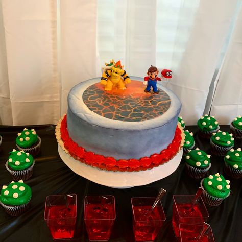 Mario And Bowser Birthday Cake, Bowser Theme Birthday, Bowser Cake Ideas, Bowser Cupcakes, Bowser Jr Birthday Cake, Super Mario Cake Bowser, Super Mario Odyssey Cake, Mario Odyssey Cake, Bowser Birthday Cake