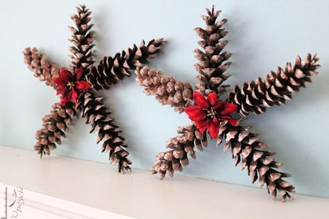 I crafted a couple of adorable Christmas Star decorations using pine cones.   I’ll show you just how easy this pine cone craft comes together by a simple hot gl… Painted Pinecones, Pine Cone Art, Holiday Diy Projects, Cone Crafts, Christmas Pine Cones, Diy Pinecone, Christmas Star Decorations, Homemade Christmas Decorations, Pine Cone Decorations