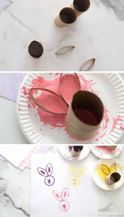 Paper Roll Bunny Stamps - a fun Easter activity for kids! Paper Roll Bunny, Easter Crafts Preschool, Easter Arts And Crafts, Rabbit Crafts, Fun Easter Crafts, Toddler Arts And Crafts, Easter Bunny Crafts, Preschool Arts And Crafts, Paper Roll Crafts