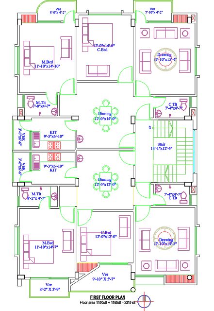 Residential Building Plan - 2400 SQ FT Detailed House, Residential Building Plan, Building Design Plan, Hotel Floor Plan, House Plans Ideas, Bungalow Floor Plans, Little House Plans, Building House Plans Designs, Building Plans House