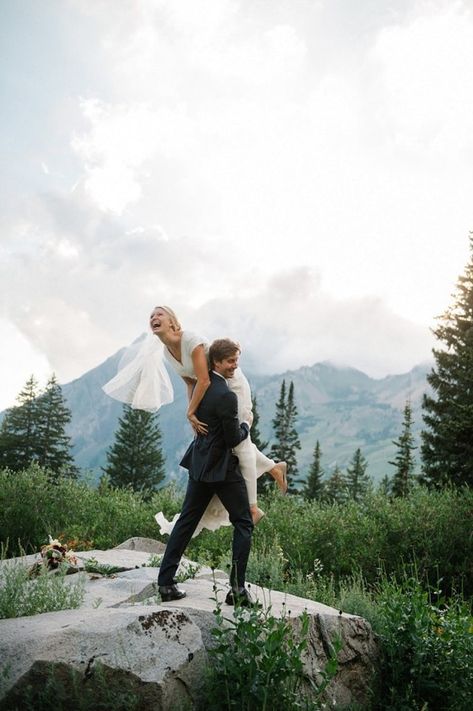 Happy Wedding Photography, Happy Bride And Groom, Goofy Wedding Photos, Goofy Wedding Pictures, Hiking Wedding Photos, Wedding Photos Mountains, Mountain Wedding Ceremony Decor, Playful Wedding Photos, Brooke Schultz