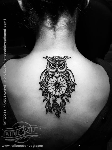 " Owl with dream catcher tattoo "   freehand hindi calligraphy  Tattoo By- Rahul Baarve @ek_kalakaar_   TATTOO UDDHYOG www.tattoouddhyog.com  For Booking- tattoouddhyog@gmail.com  Call or WhatsApp - 8357836919 Owl With Dream Catcher Tattoo, Owl And Dream Catcher Tattoo, Owl Dream Catcher Tattoo, Owl Dream Catcher, Hindi Calligraphy, Animal Tattoo Ideas, Ear Tattoo Ideas, Calligraphy Tattoo, Dream Catcher Tattoo