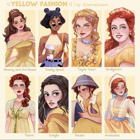 Luz Tapia Art, Modern Disney, Pinturas Disney, Disney Princess Art, Princess Art, Cute Art Styles, Yellow Fashion, Disney Princesses, Disney Drawings